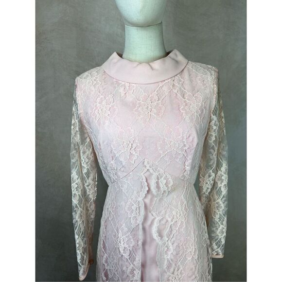 Vintage 1960s 1970s Mod Lace Dress Blush Pink - Picture 6 of 11